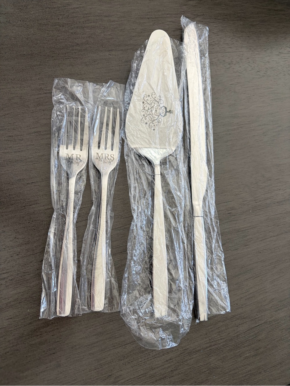 Wedding Mr & Mrs Stainless Steel Silver Cake Server & Fork Set - Silver